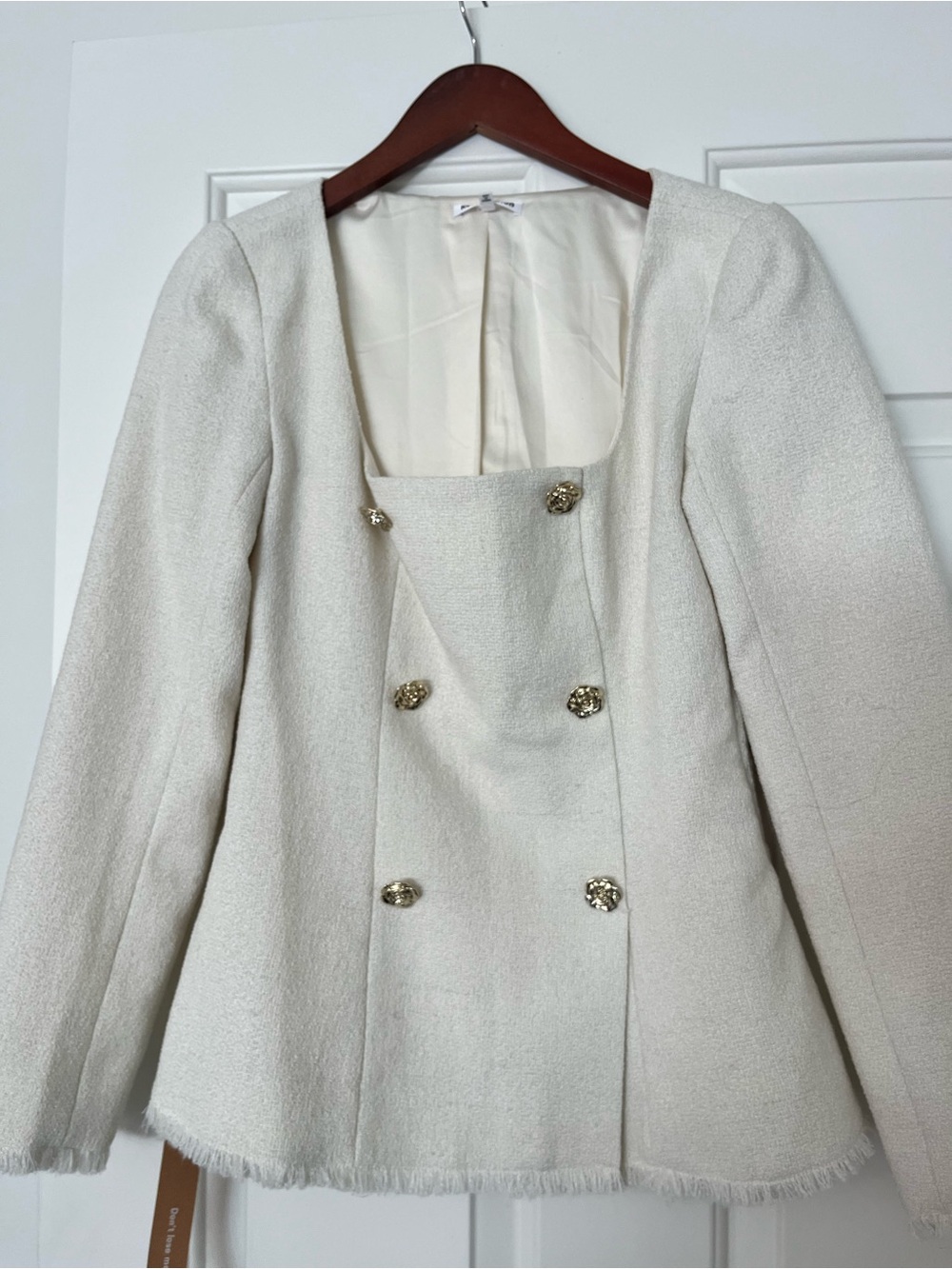 Reformation Cream Double-Breasted Tweed Blazer with Gold Buttons